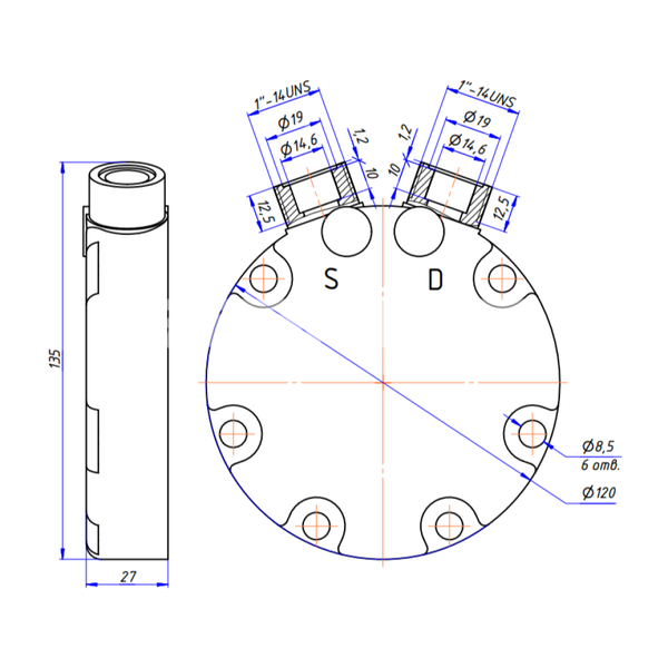 Крышка RC-U08177 на компрессора Sanden 7H, O-Ring, 1"-14UNS, 1"-14UNS. Артикул: RC-U08177